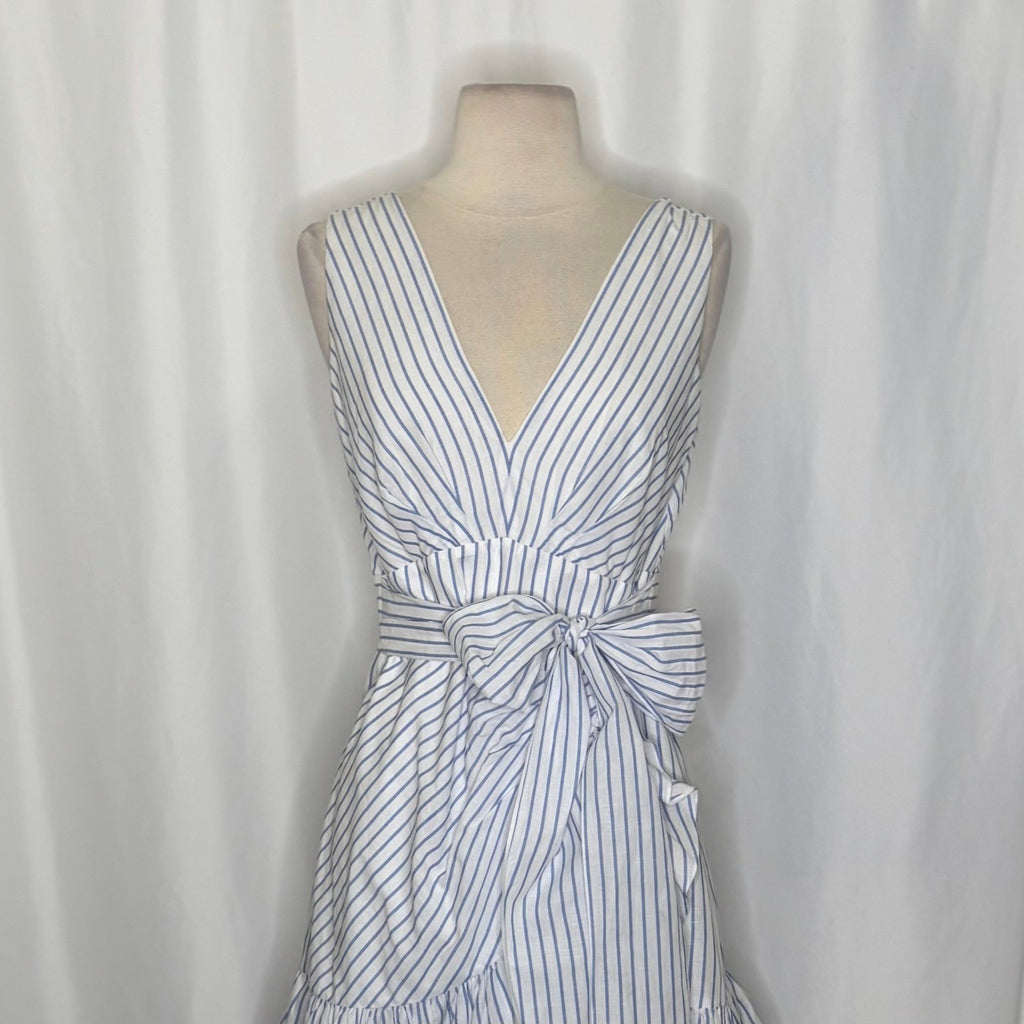 REBECCA TAYLOR Sleeveless Stripe Linen Wrap Dress Ruffle White Milk Blue Sky 4