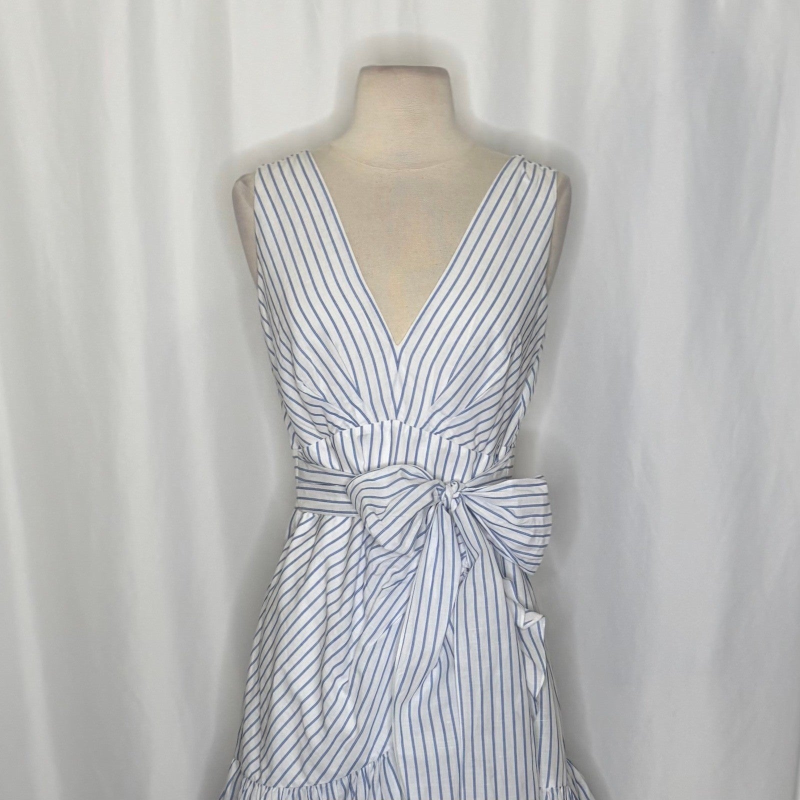 REBECCA TAYLOR Sleeveless Stripe Linen Wrap Dress Ruffle White Milk Blue Sky 4