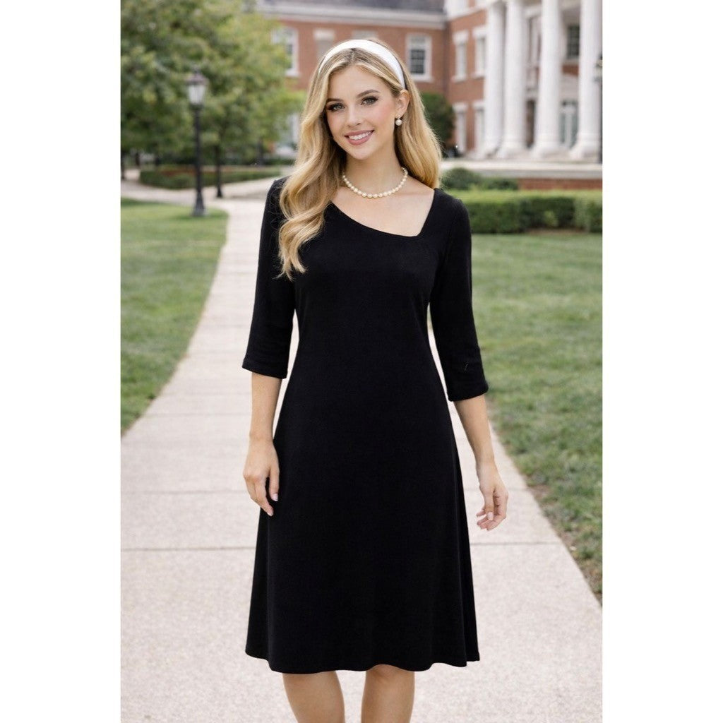 EILEEN FISHER Black Knit Shift Dress Half Sleeves Asymmetrical Neckline X-Small