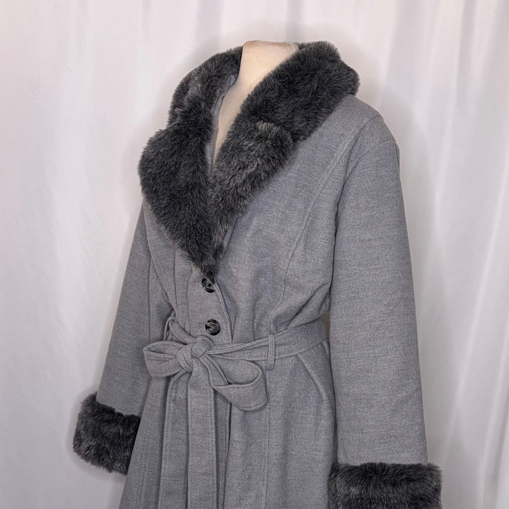 NWT!! LANE BRYANT Grey Belted Trench Coat Faux Fur Collar Cuffs Size 26 28