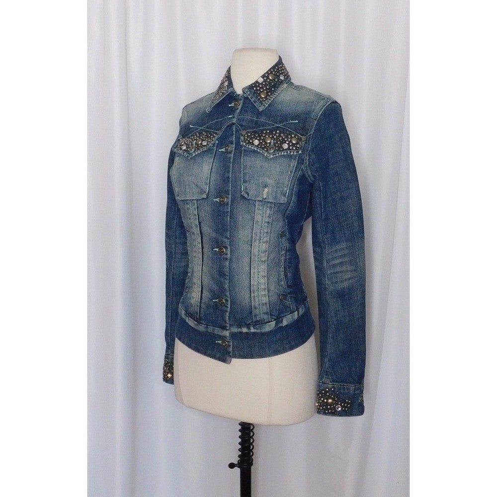PARASUCO Embellished Distressed Denim Jacket Rhinestones Studded Pockets X-Small
