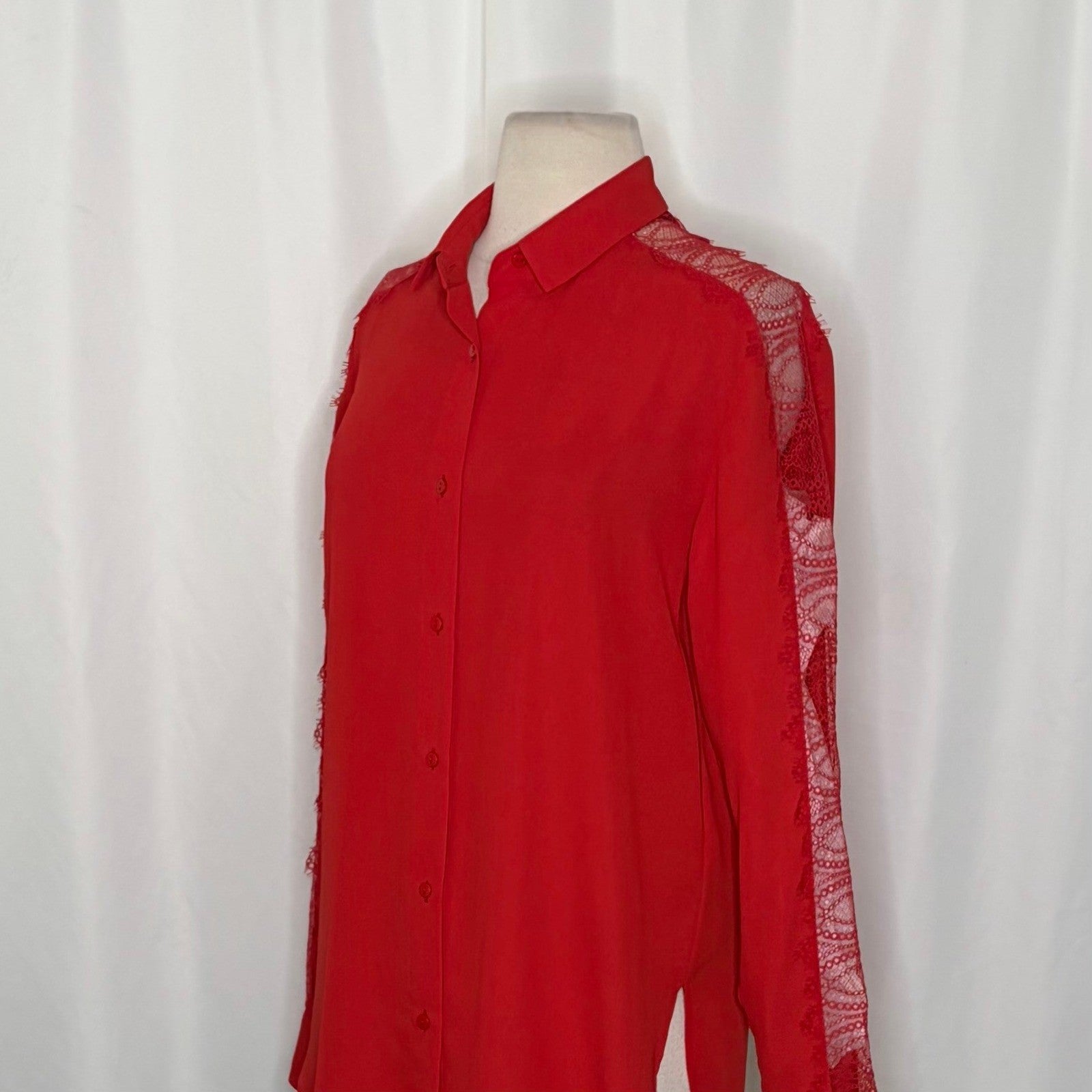 NWT!! THE KOOPLES Red Crepe Lace Shirt Blouse Buttondown Valentine Solid X-Small