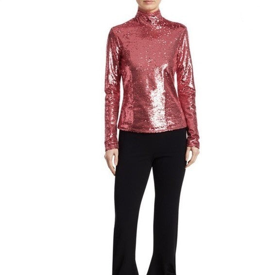 CINQ A SEPT Joan Sequin Top Blouse Rosewood Pink Mock Neck Sequinned X-Small