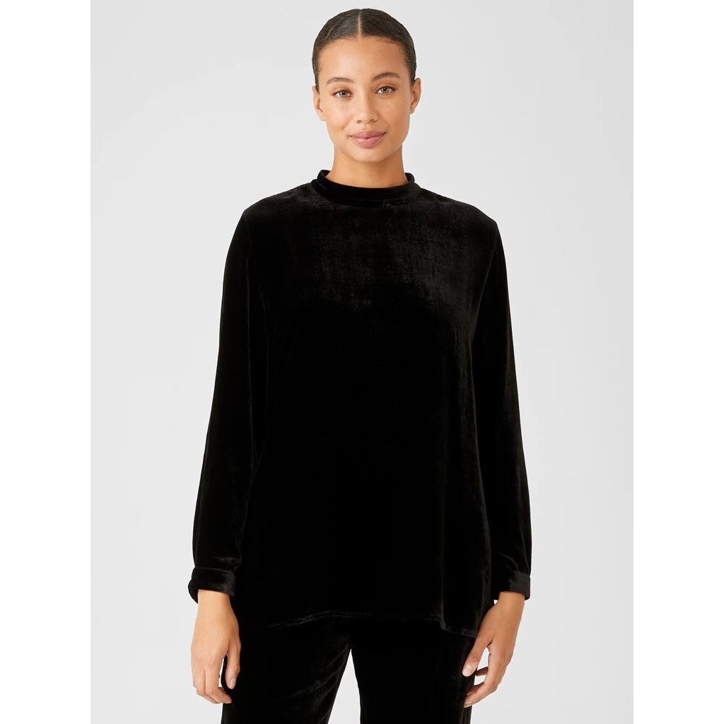 EILEEN FISHER Velvet Mock Neck Top Blouse Solid Black Tunic Pullover X-Small