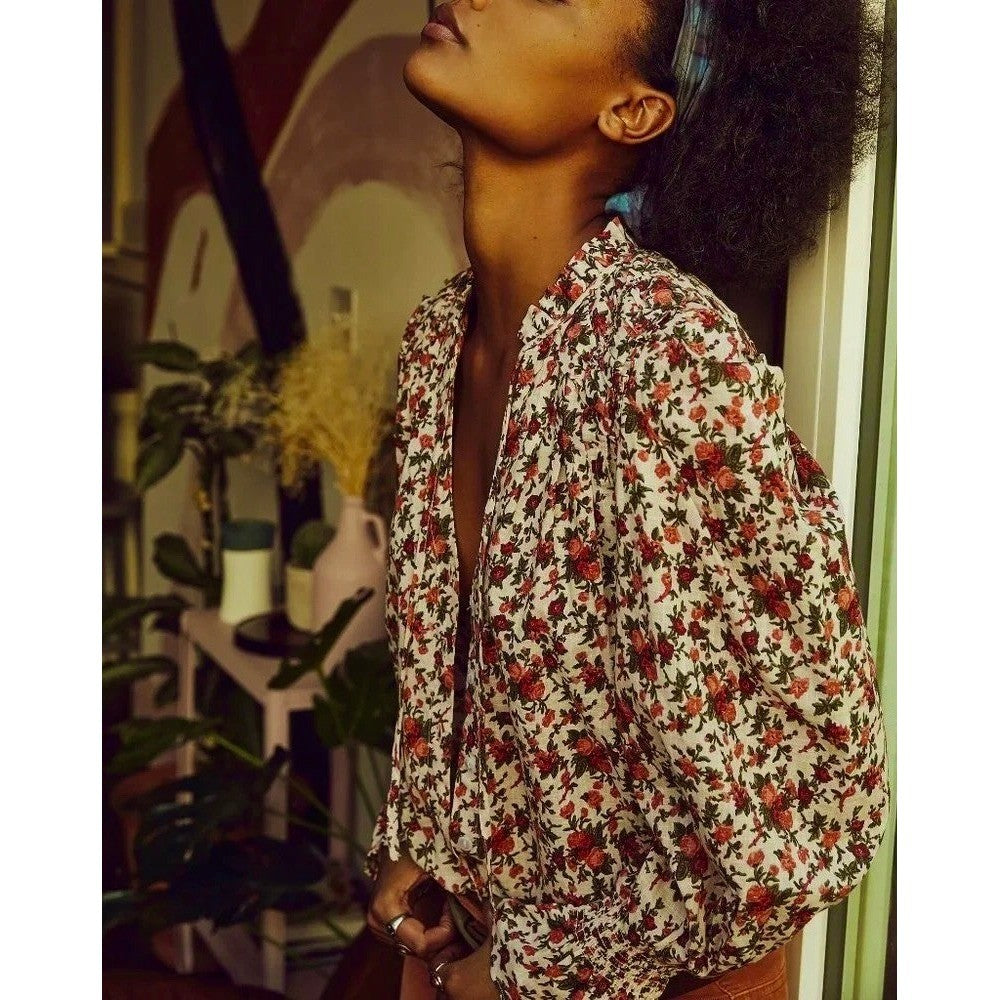 FREE PEOPLE Meant To Be Blouse Floral Vintage Combo Ruffled Smocked Small