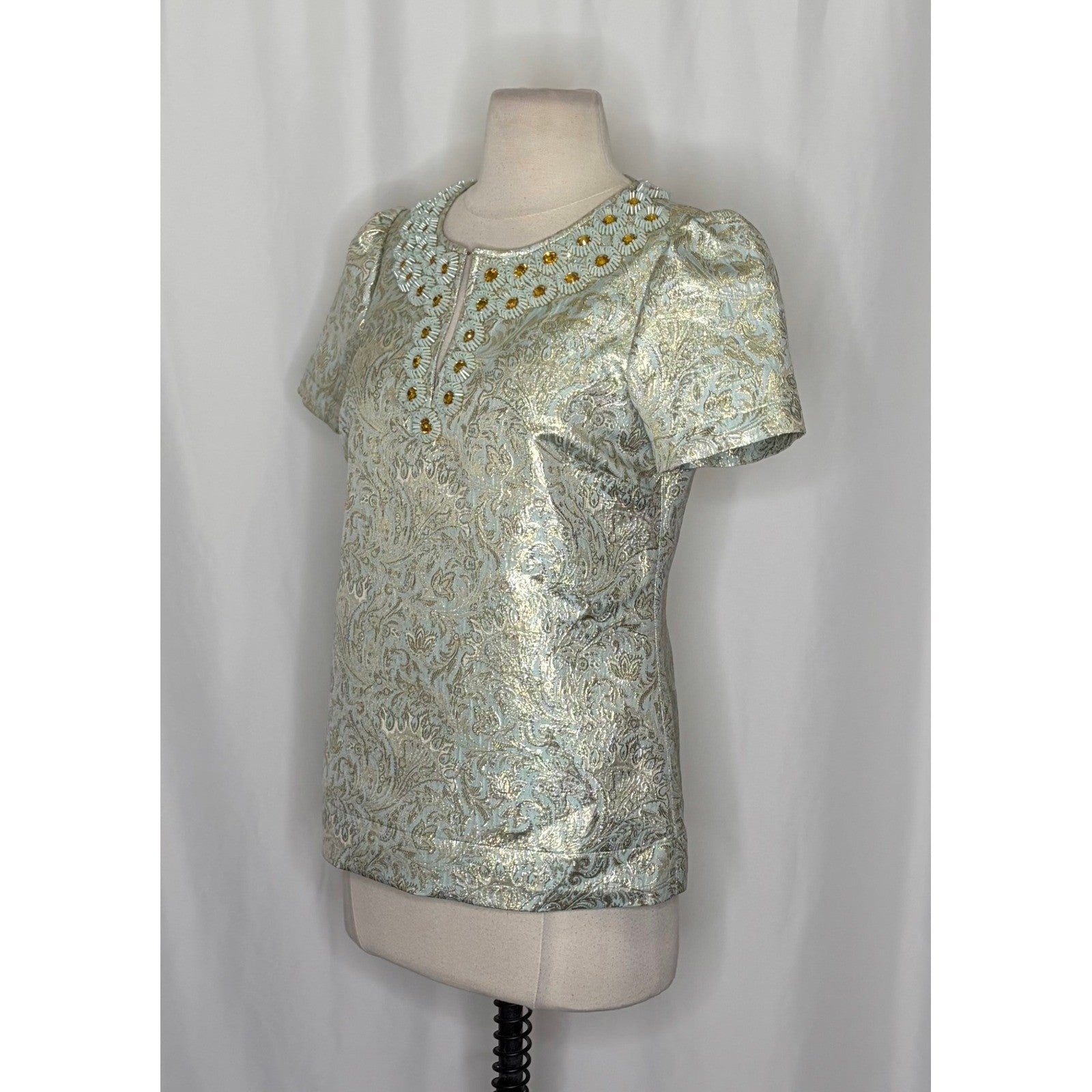 TORY BURCH Lola Top Blouse Aqua Glass Embellished Silk Brocade Floral Size 4