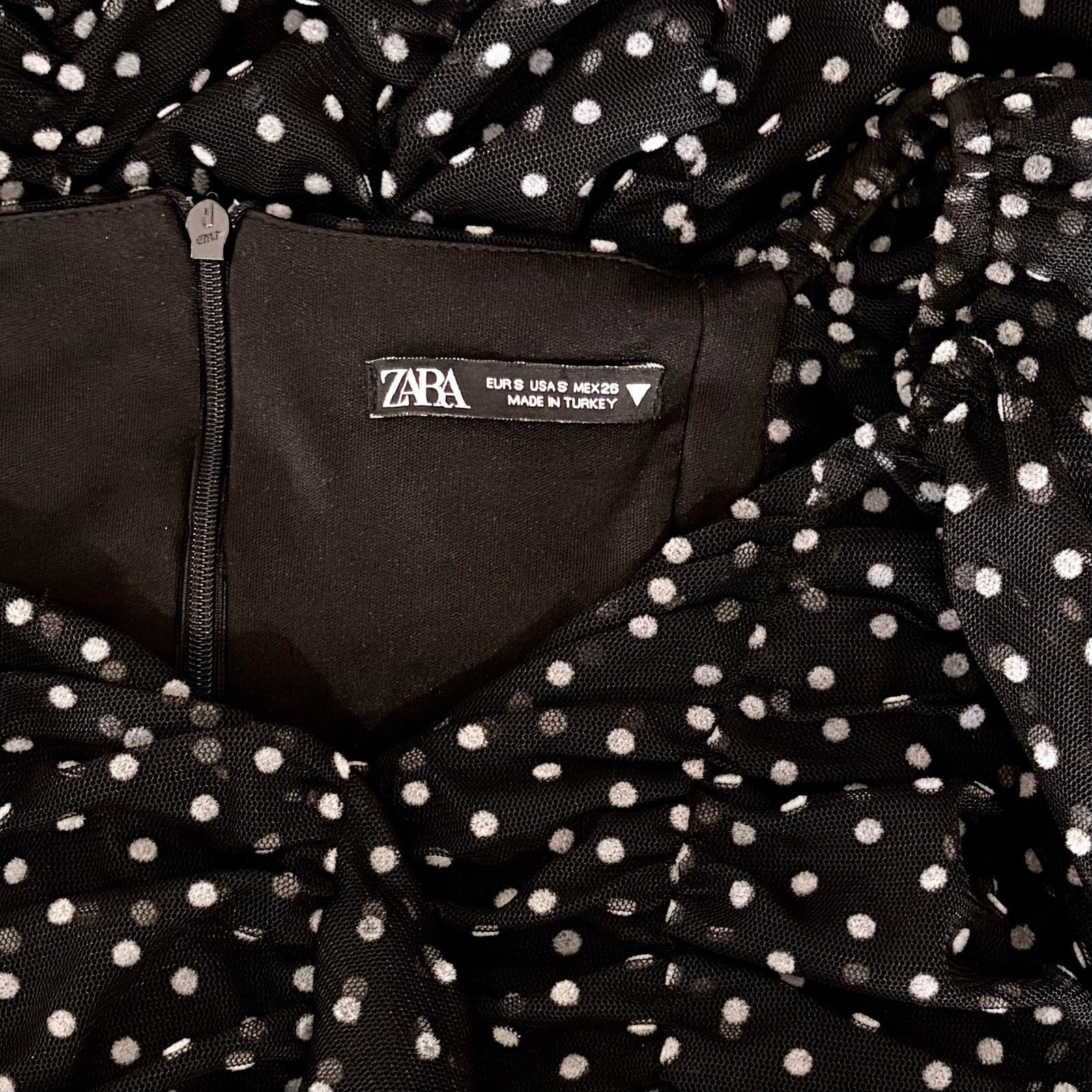ZARA Chiffon Black Polka Dot Ruched Mini Dress Black Gray Party Blogger Small