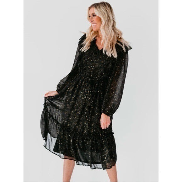 BY THE RIVER Chiffon Midi Dress Ruffled Black Gold Stars Party Glam Star Small