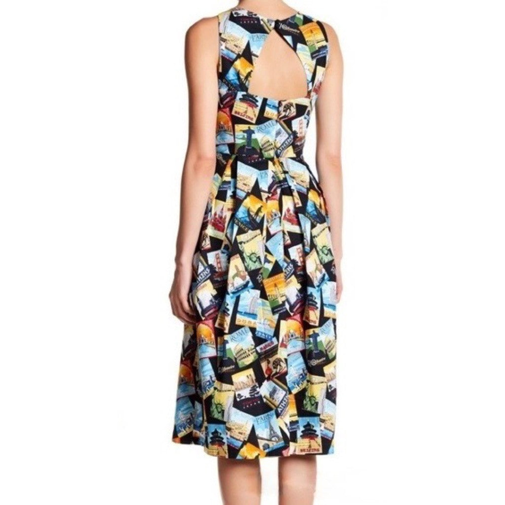 EVA FRANCO Travel Poster Jenna Dress Midi Halter Neck Colorful Pleated Pockets 6