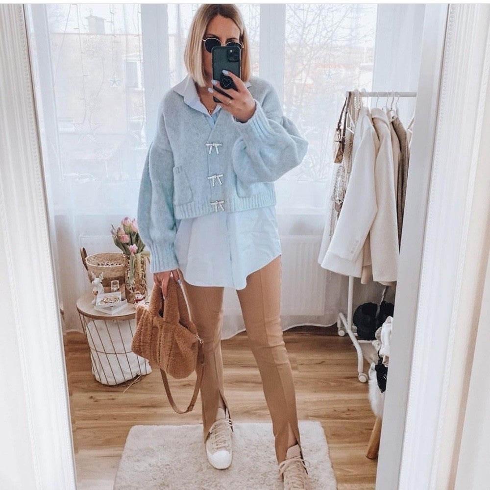 ZARA Jewel Bow Cardigan Sweater Baby Blue Coquette Blogger Favorite Preppy Small