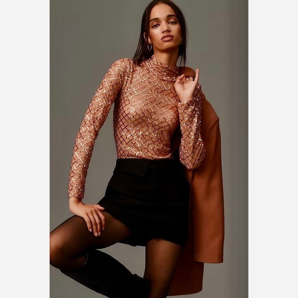 NWT!! Anthropologie PILCRO Turtleneck Sequin Top Shirt Bronze Party Glam X-Small