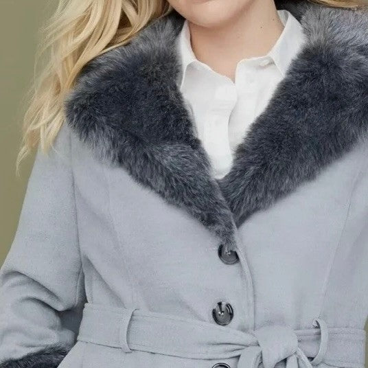 NWT!! LANE BRYANT Grey Belted Trench Coat Faux Fur Collar Cuffs Size 26 28