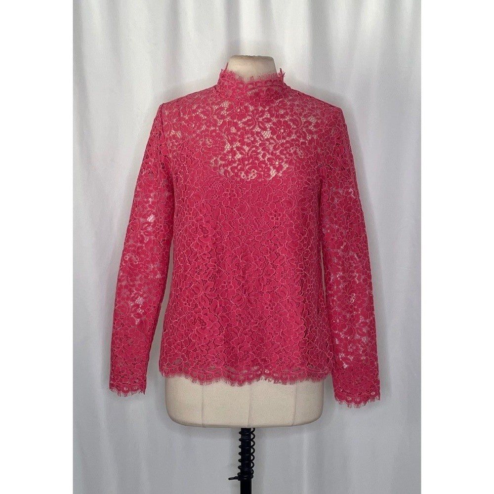 NWT!! J. CREW Scalloped Lace Mockneck Top Blouse Dragon Fruit Pink Size 14