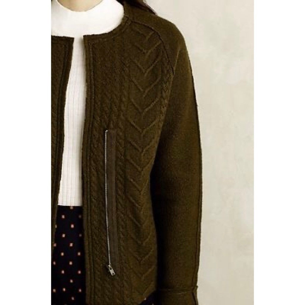 Anthropologie KNITTED & KNOTTED Green Wool Zippered Cable Knit Cardigan Medium
