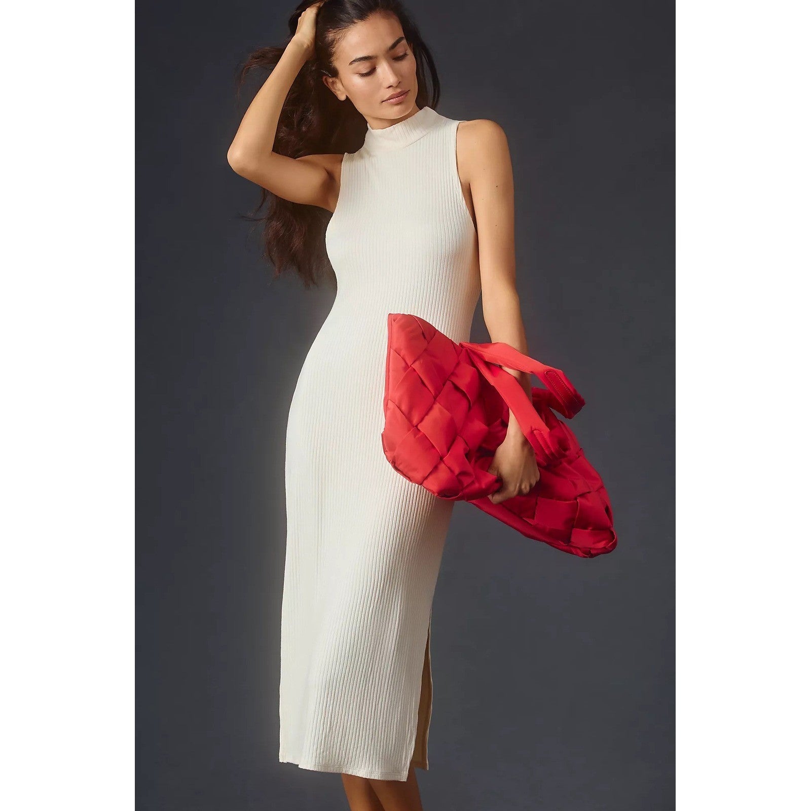Anthropologie BEYOND YOGA Well Traveled Midi Dress Solid Ivory Ribbed Medium
