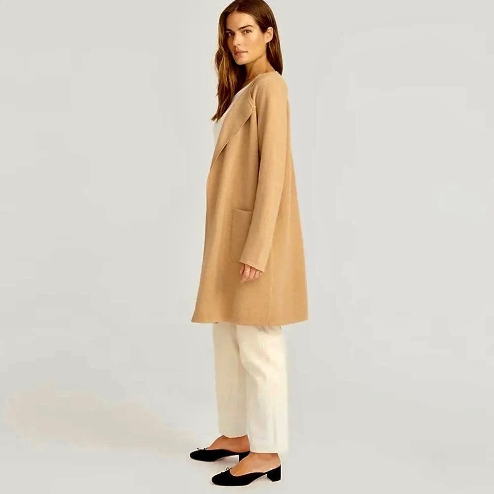 J. CREW Juliette Collarless Sweater Blazer Solid Tan Brown Longline Knit Small