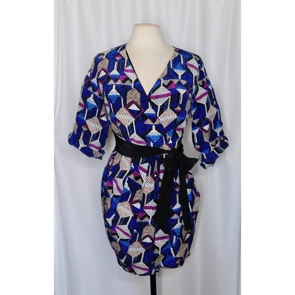 YUMI KIM Silk Faux Wrap Abstract Geometric Print Mini Dress Bright Medium
