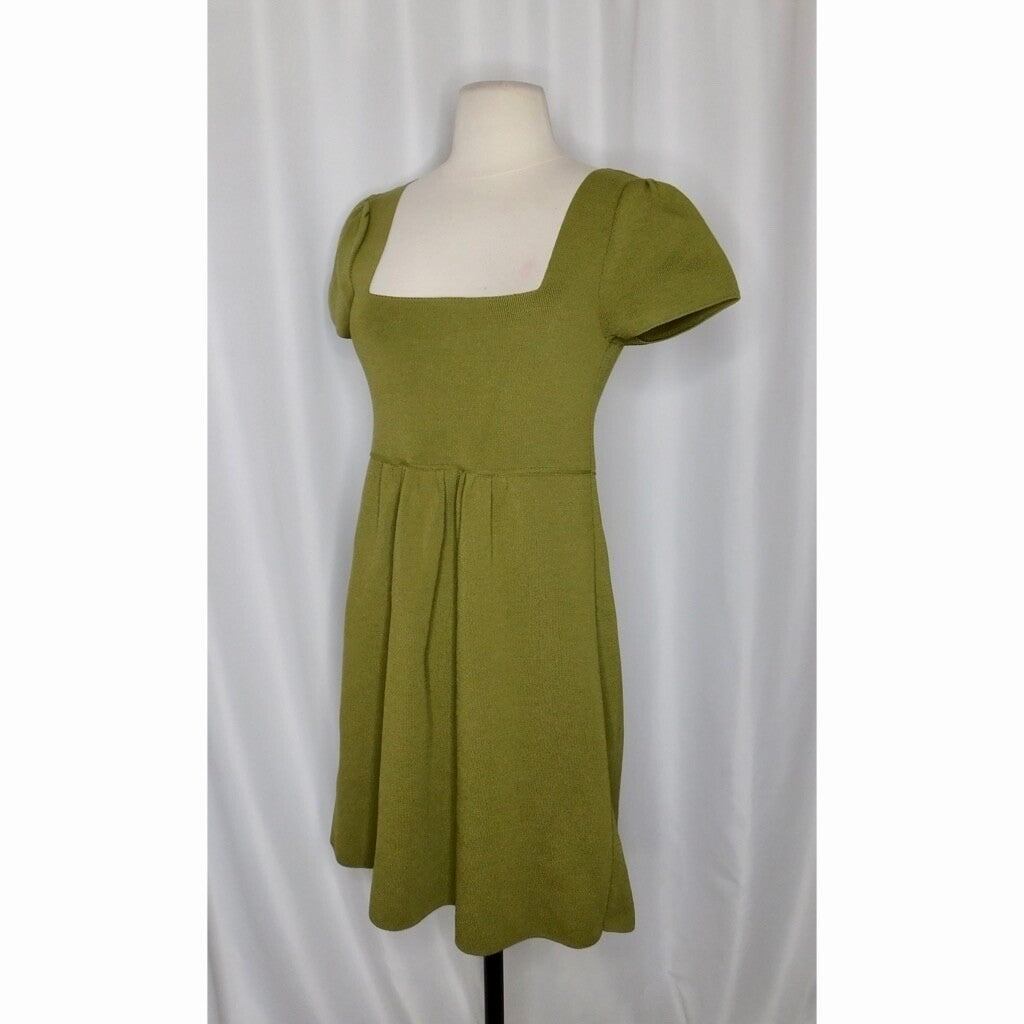 ZARA Squared Mini Babydoll Dress Puff Sleeves Solid Olive Green Knit Small