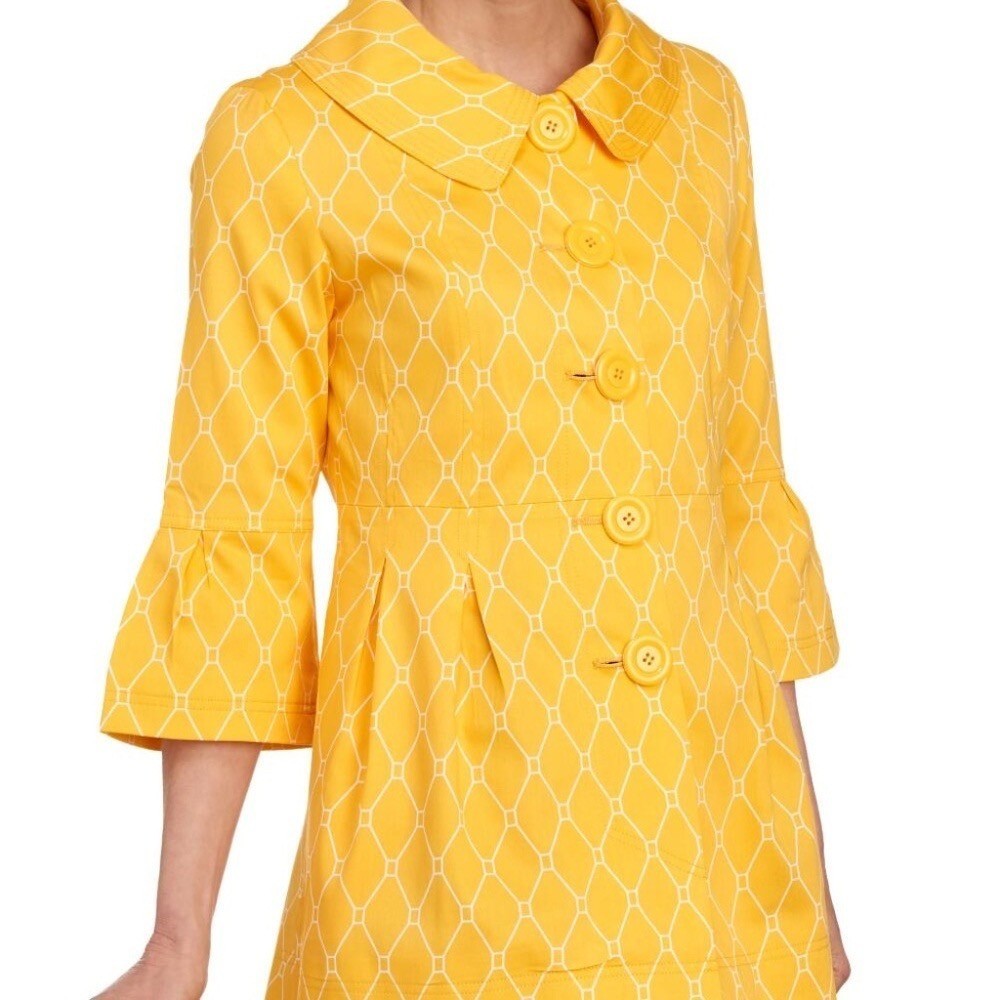EDEN COURT Yellow White Geometric Print Coat Jacket Bell Sleeves Pockets Large