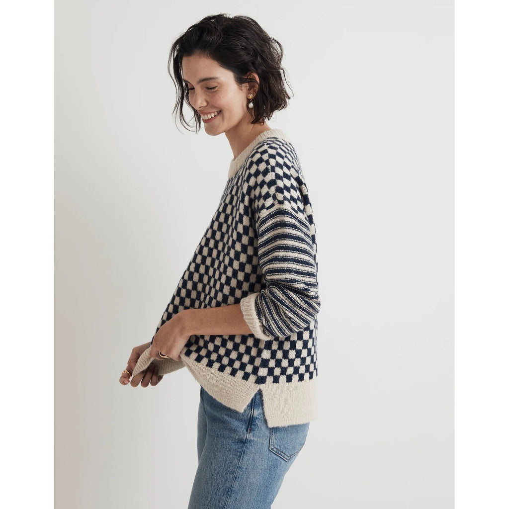 MADEWELL Crewneck Sweater Checked Stripe Classic Indigo Blue Ivory Knit Medium
