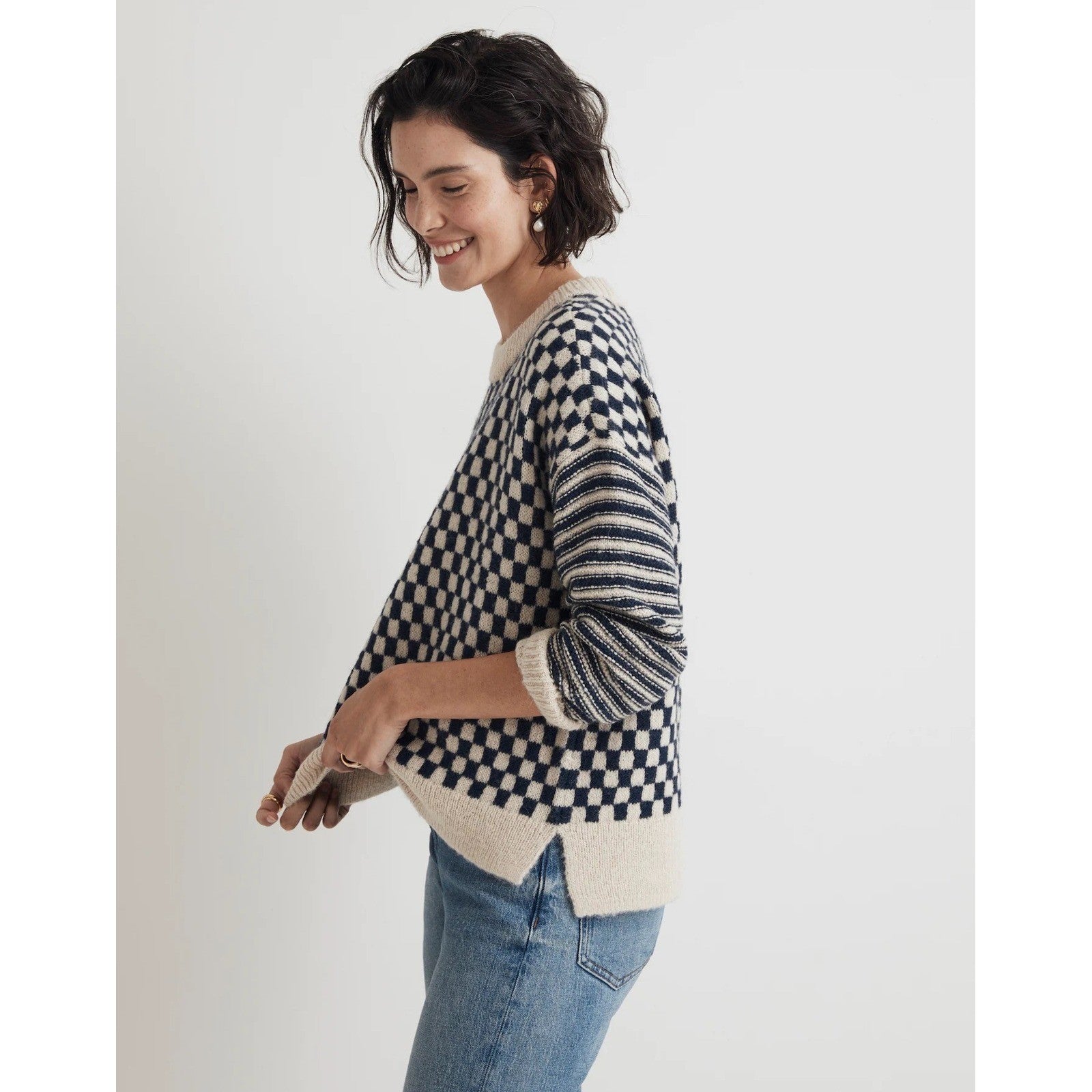MADEWELL Crewneck Sweater Checked Stripe Classic Indigo Blue Ivory Knit Medium