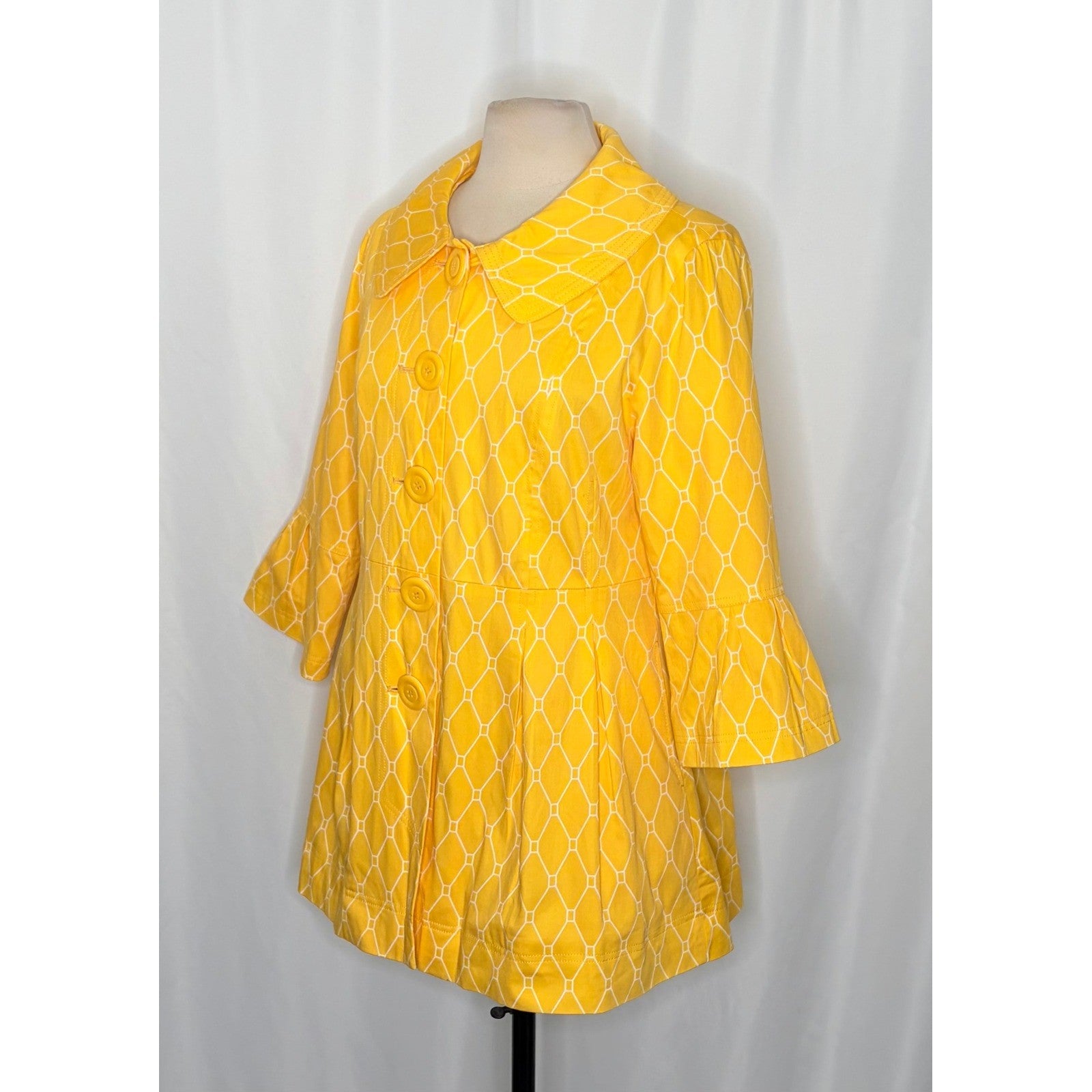 EDEN COURT Yellow White Geometric Print Coat Jacket Bell Sleeves Pockets Large