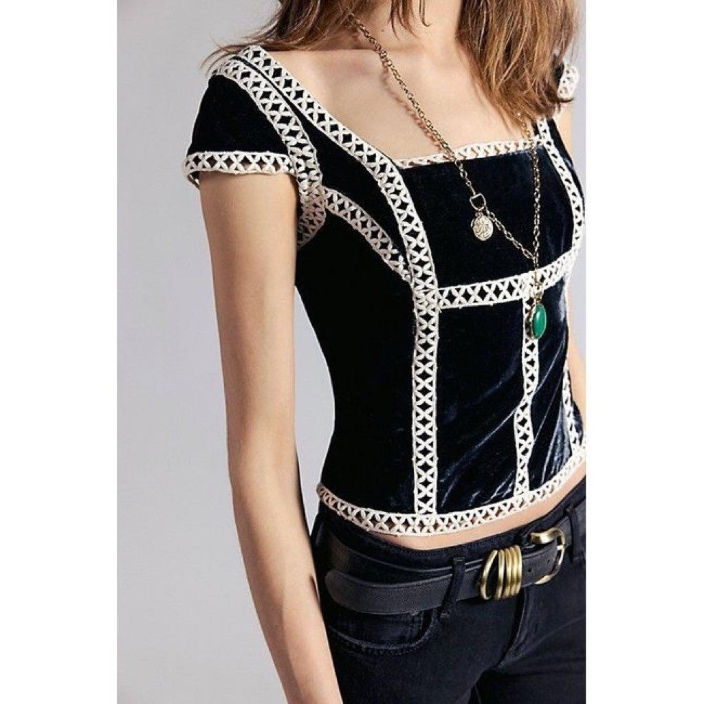 NWT!! FREE PEOPLE Tyler Velvet Corset Top Black Cream Embroidered Bohemian Large