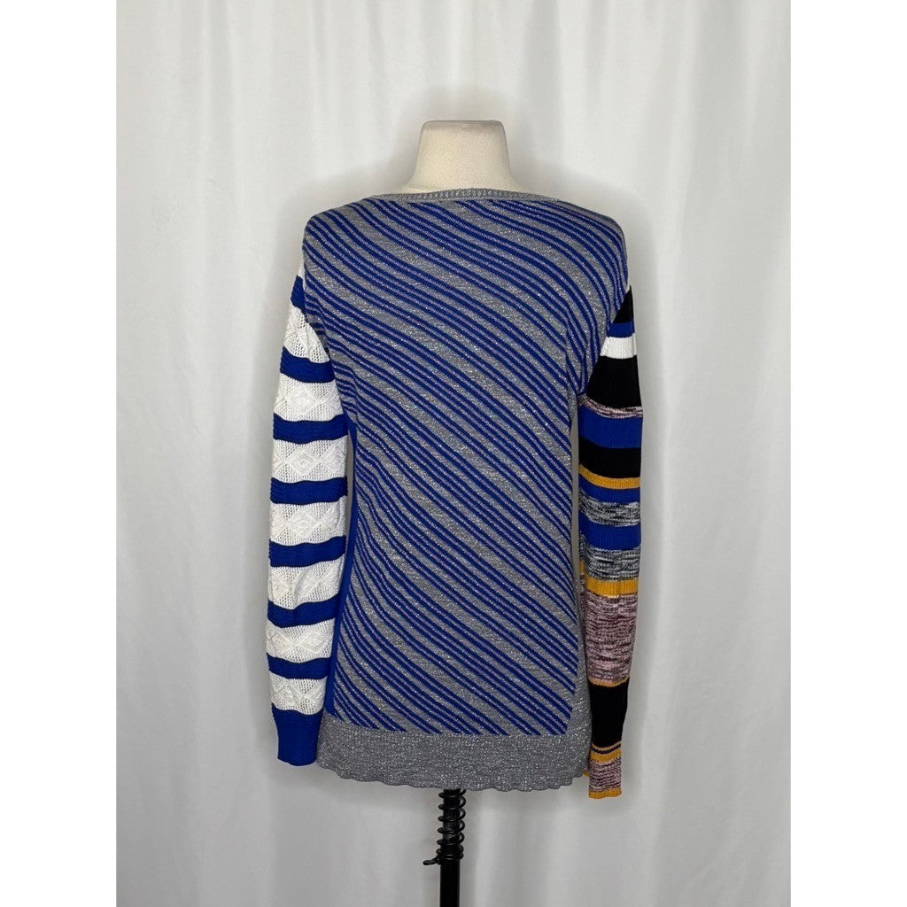 DESIGUAL Nieves V-Neck Pullover Sweater Colorful Stripes Metallic Large