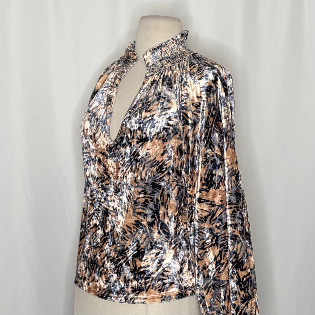 FREE PEOPLE Smocked Crushed Velvet Top Blouse Go Get 'Em Tiger Animal Small