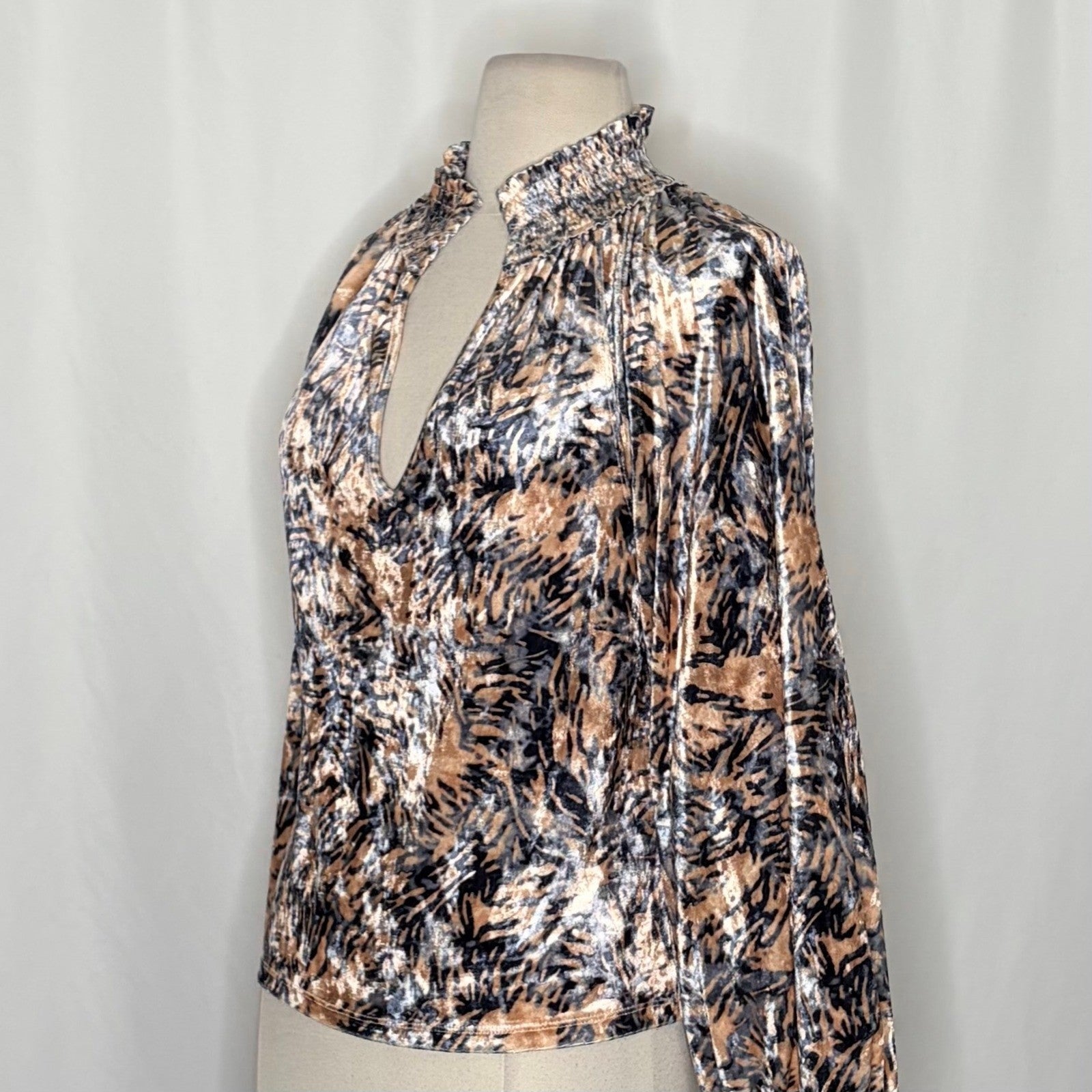 FREE PEOPLE Smocked Crushed Velvet Top Blouse Go Get 'Em Tiger Animal Small