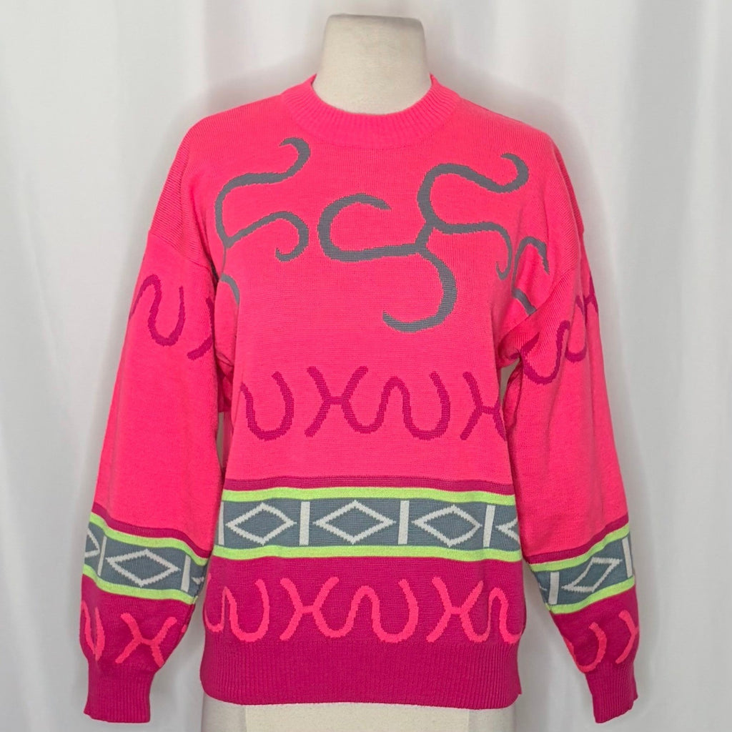Vintage SUMMIT COUNTY Sporty Wool Blend Crew Neck Sweater Pink Colorful Medium