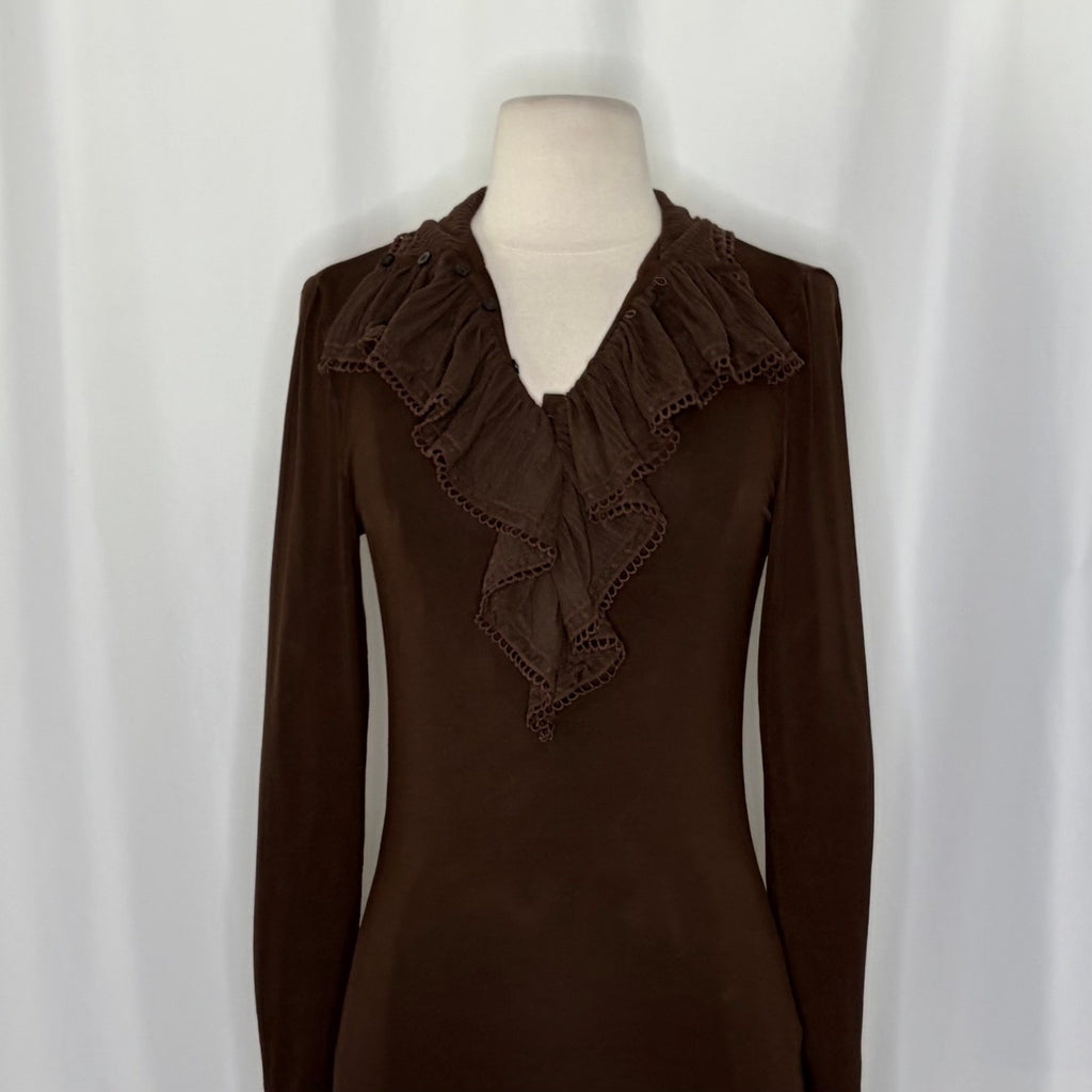 Lauren RALPH LAUREN Brown Ruffled Jersey Knit Blouse Top Solid Brown Small