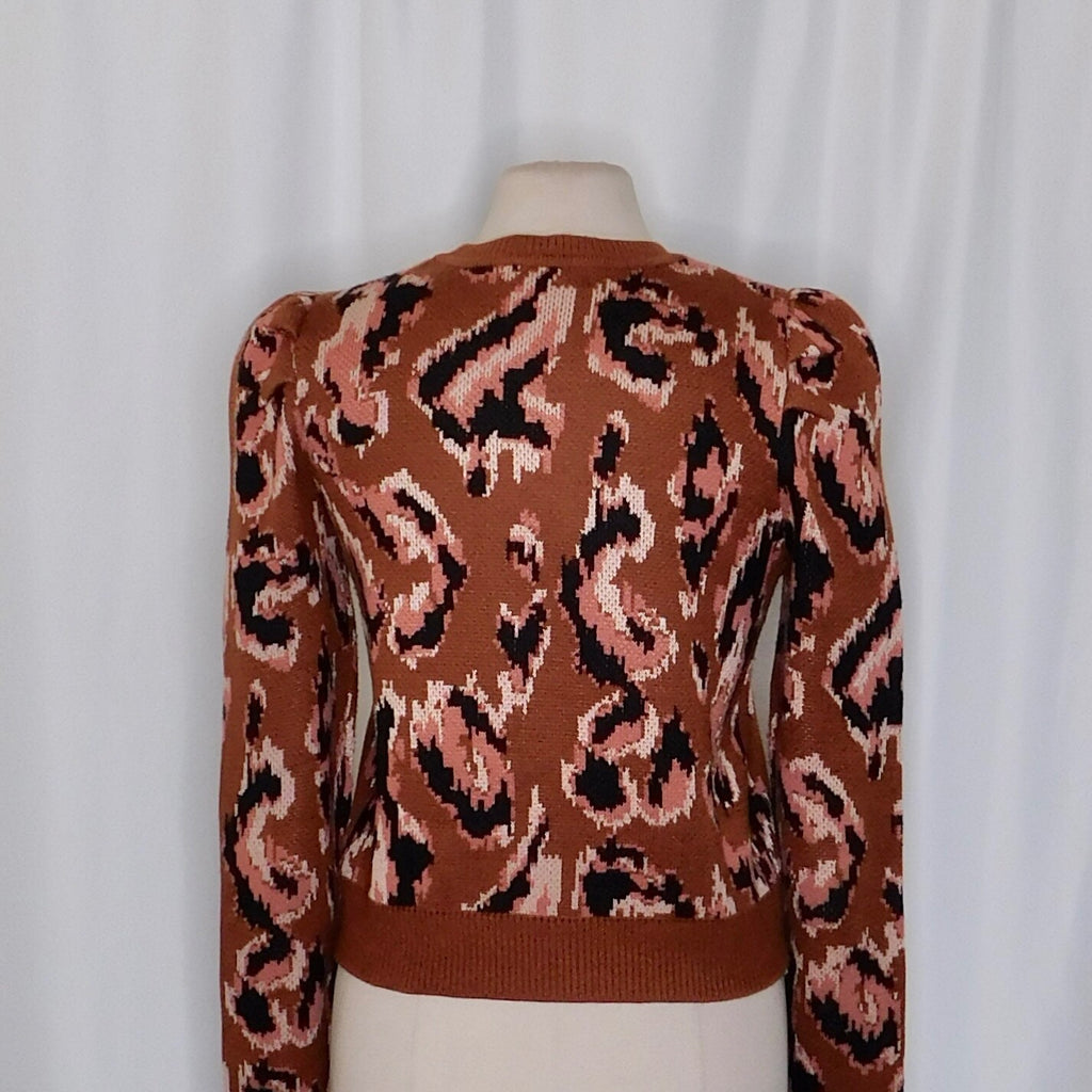 DEREK LAM Collective Brown Animal Print Sweater Leopard Puff Sleeves Large
