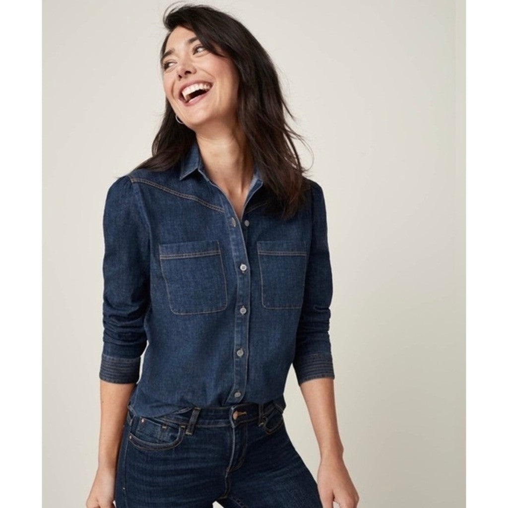 Women's UNTUCKIT Jenna Buttondown Denim Shirt Top Pockets Dark Wash Preppy 8