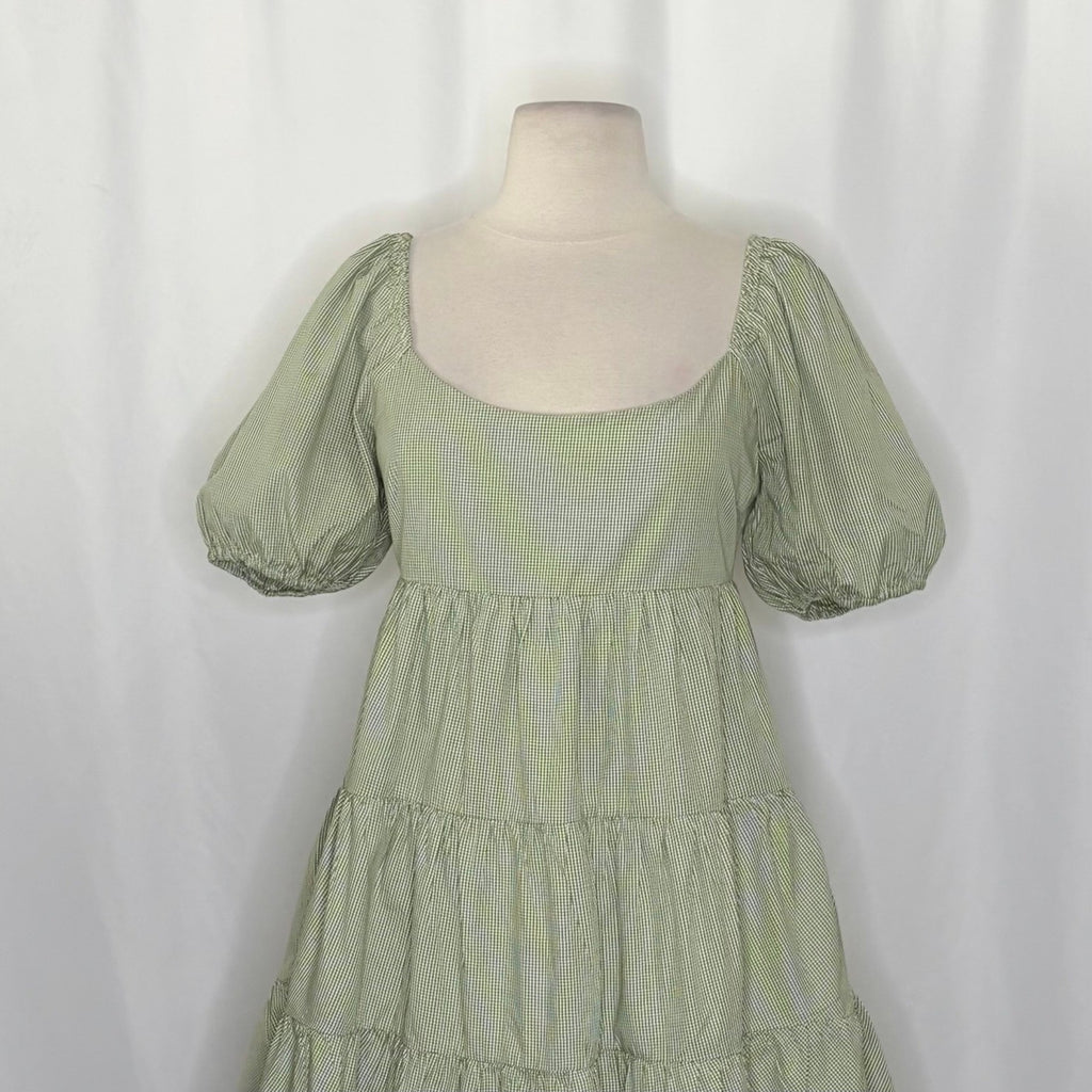 NIA Silvana Green White Gingham Babydoll Dress Tiered Mini Summer Puff Medium