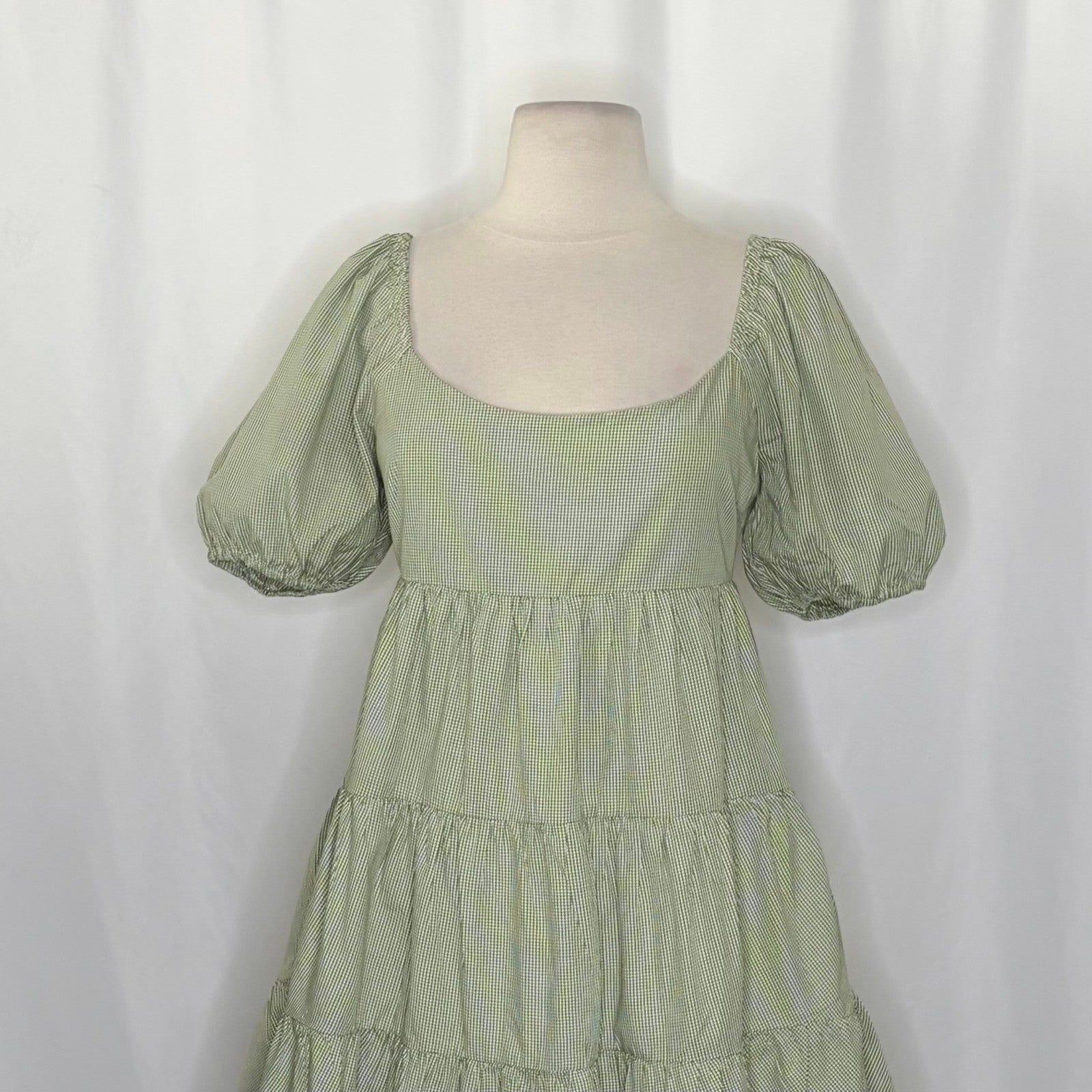 NIA Silvana Green White Gingham Babydoll Dress Tiered Mini Summer Puff Medium