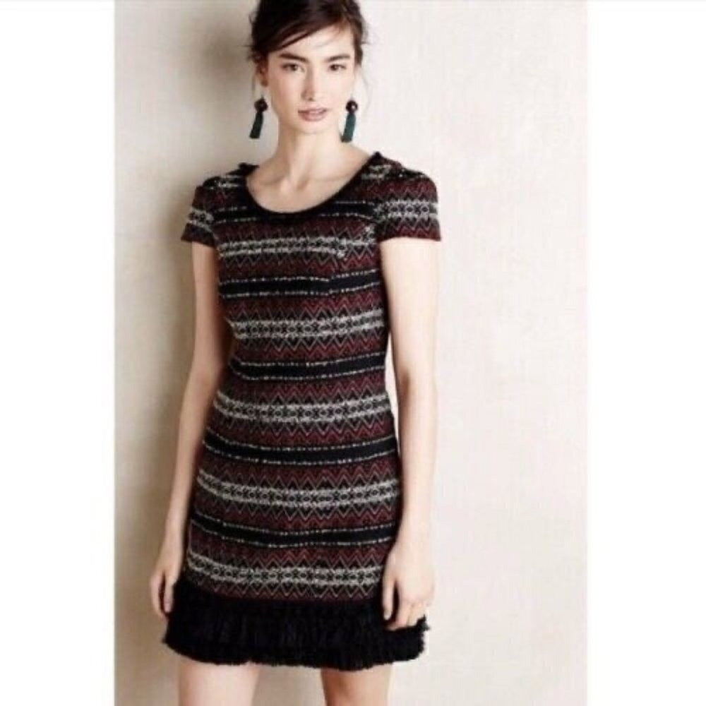 Anthropologie VANESSA VIRGINIA Jinete Blanket Fringe Tunic Shift Dress Poms 10