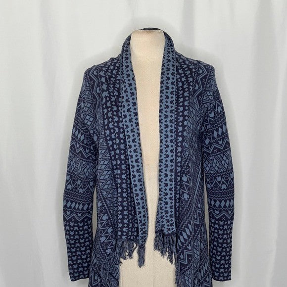 DISNEY PARKS Mickey Mouse Fringed Cardigan Sweater Blue Chevron Medium Large