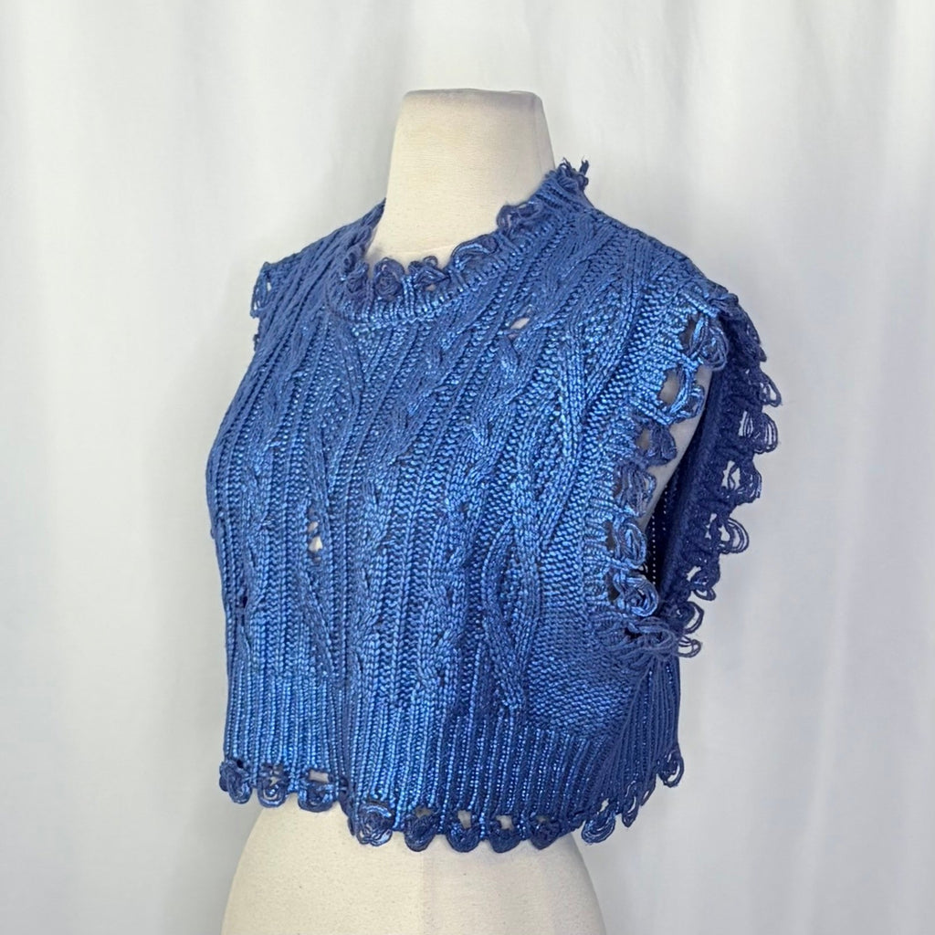 ZARA Metallic Blue Cropped Sweater Cableknit Distressed Cable Knit Crop Small