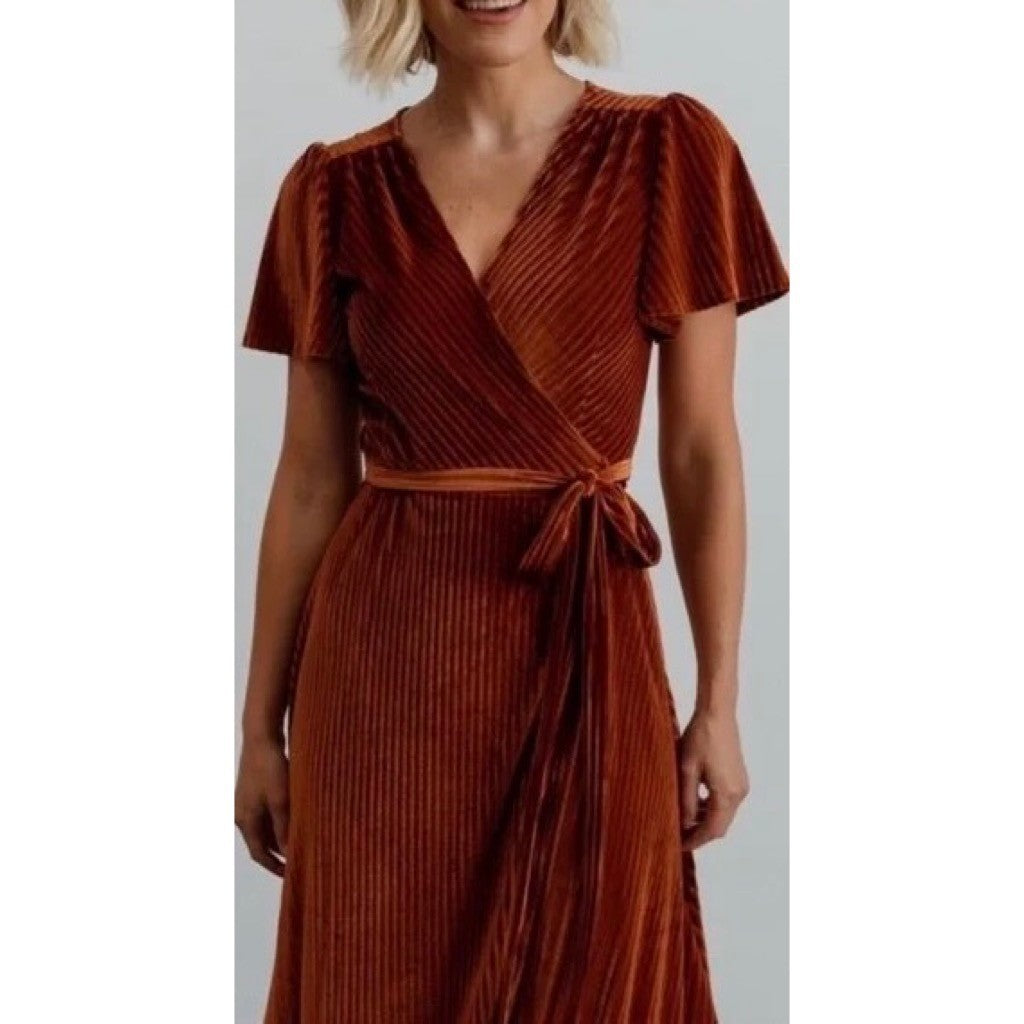 BALTIC BORN Andi Velvet High Low Maxi Dress Ribbed Party Holiday Copper Rust XS