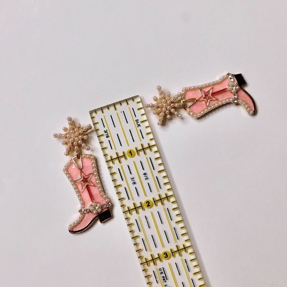 NEW Pink Cowgirl Boots Pearl Embellished Rhinestone Western Bling Glam Earrings