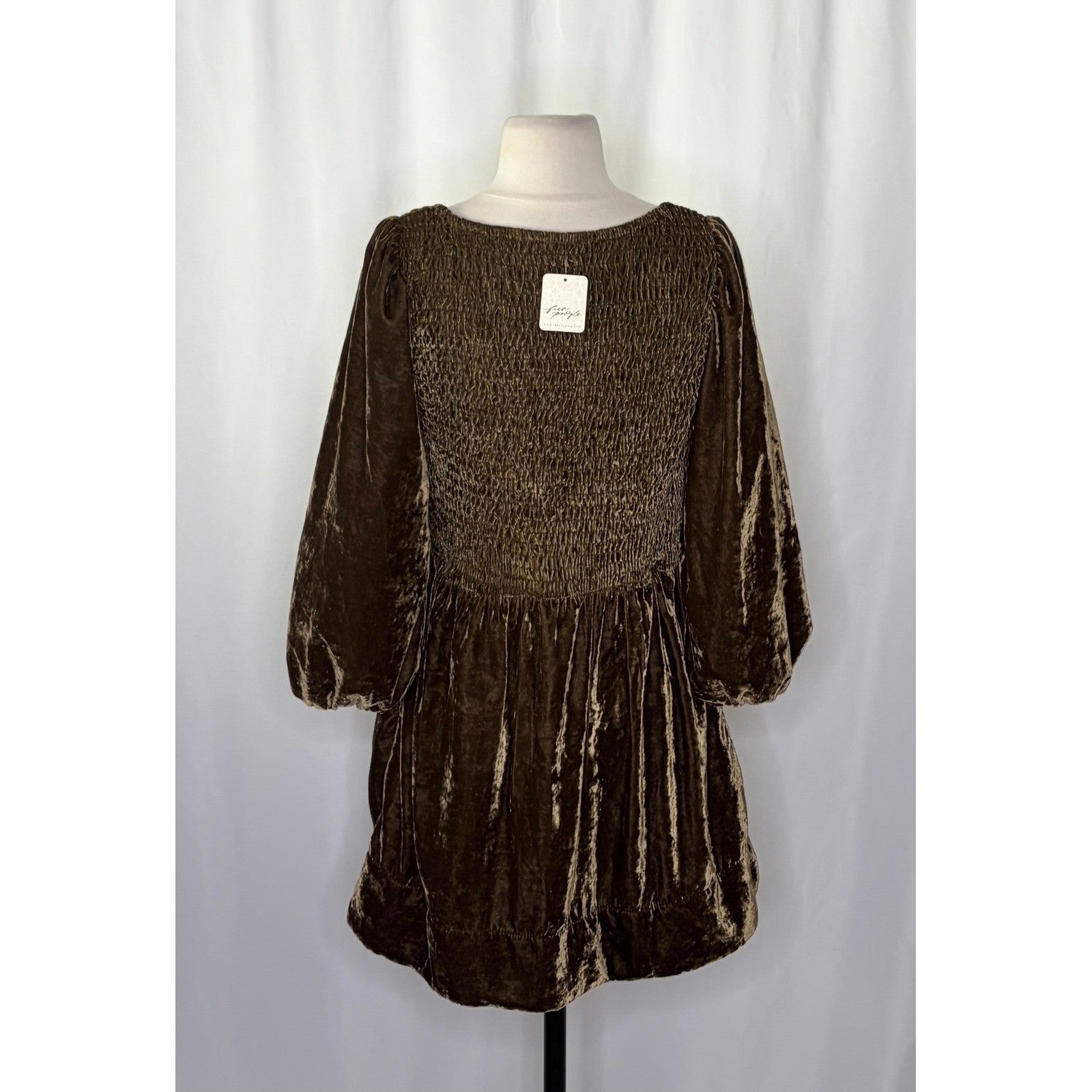 NWT!! FREE PEOPLE Farrier Velvet Mini Dress Smocked Solid Brown Bear Mini XS
