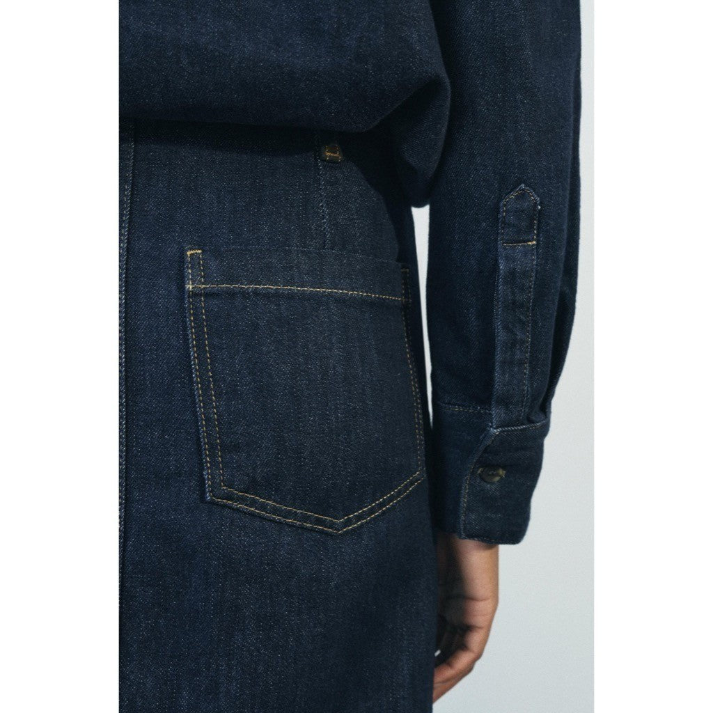 ZARA ZW Collection Denim Midi Skirt Contrast Suede Waistline Blue Pockets Small