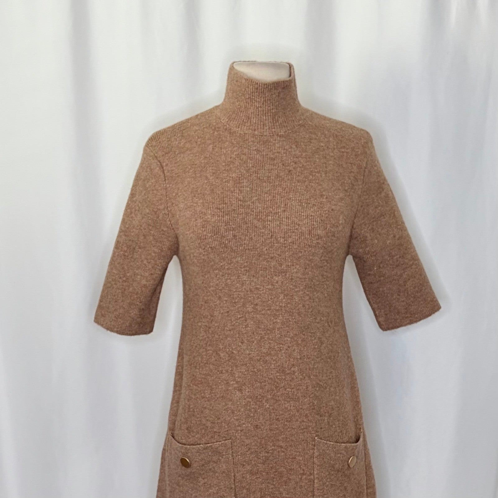 ZARA Chic Mock Neck A-Line Dress Pockets Brown Wool Preppy Mockneck Knit Small