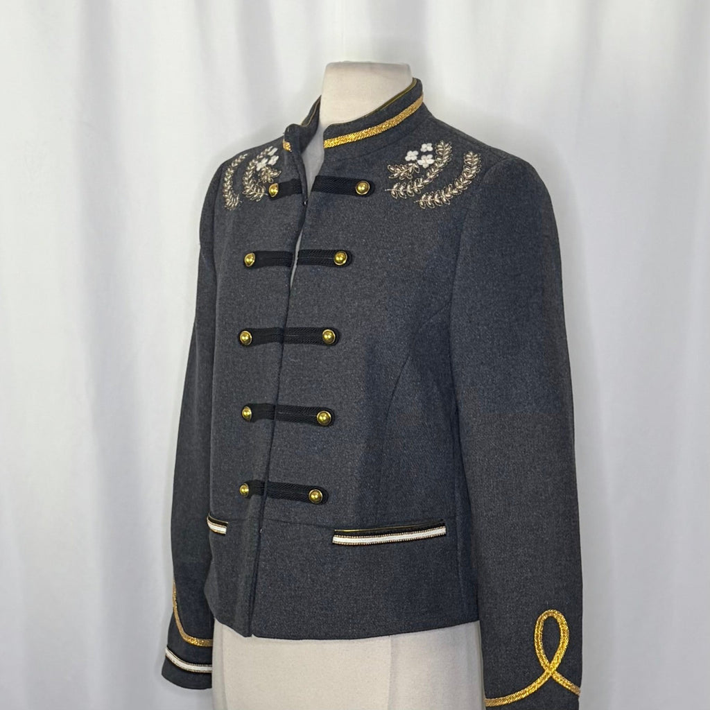 NWT!! ZARA Embroidered Military Jacket Charcoal Gray Gold Braid Buttons Large
