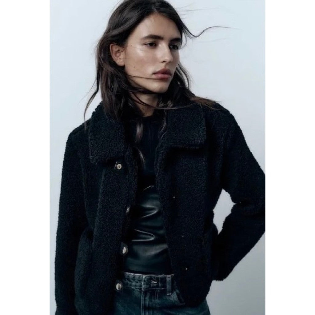ZARA Black Sherpa Fuzzy Fleece Teddy Coat Faux Shearling Snaps Pockets Small
