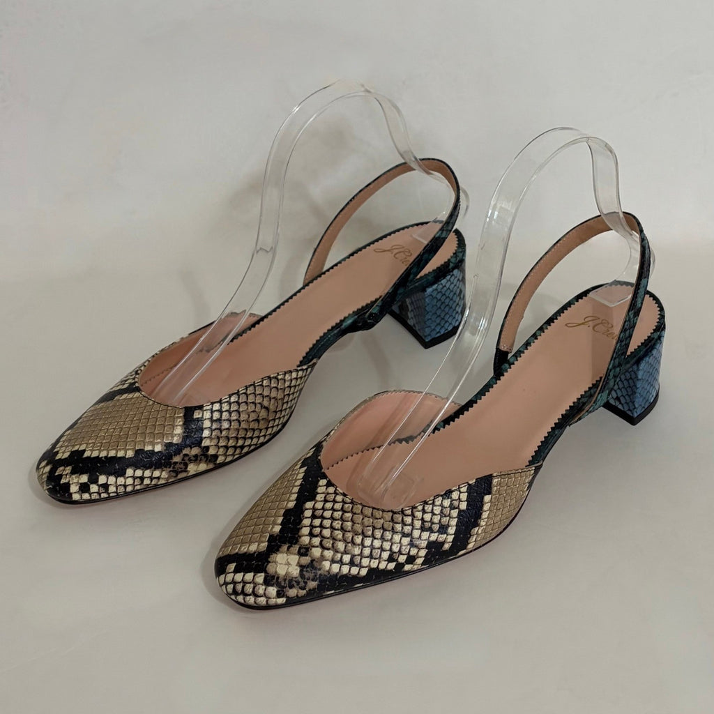 J. CREW Kate Slingback Pumps Snake Embossed Leather Shoes Snakeskin Block 10