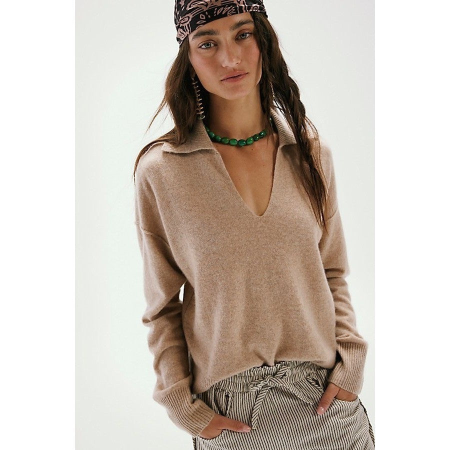 NWT!! FREE PEOPLE Eloura Cashmere Henley Sweater Solid Light Brown Tan X-Small