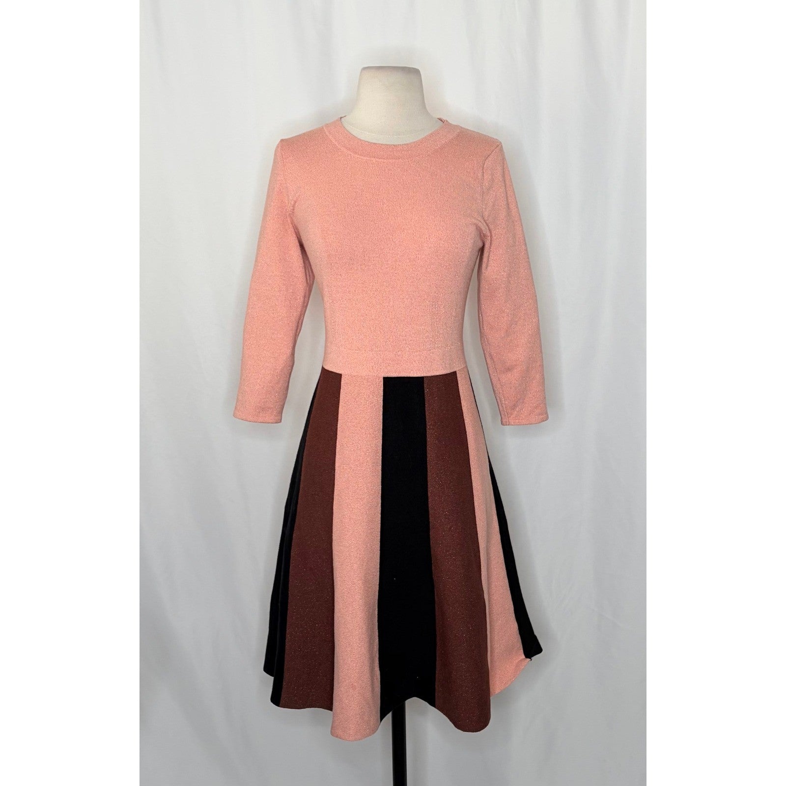 BODEN Rosemary Sparkle Knit Fit N' Flare Dress Pink Chocolate Brown US Size 6