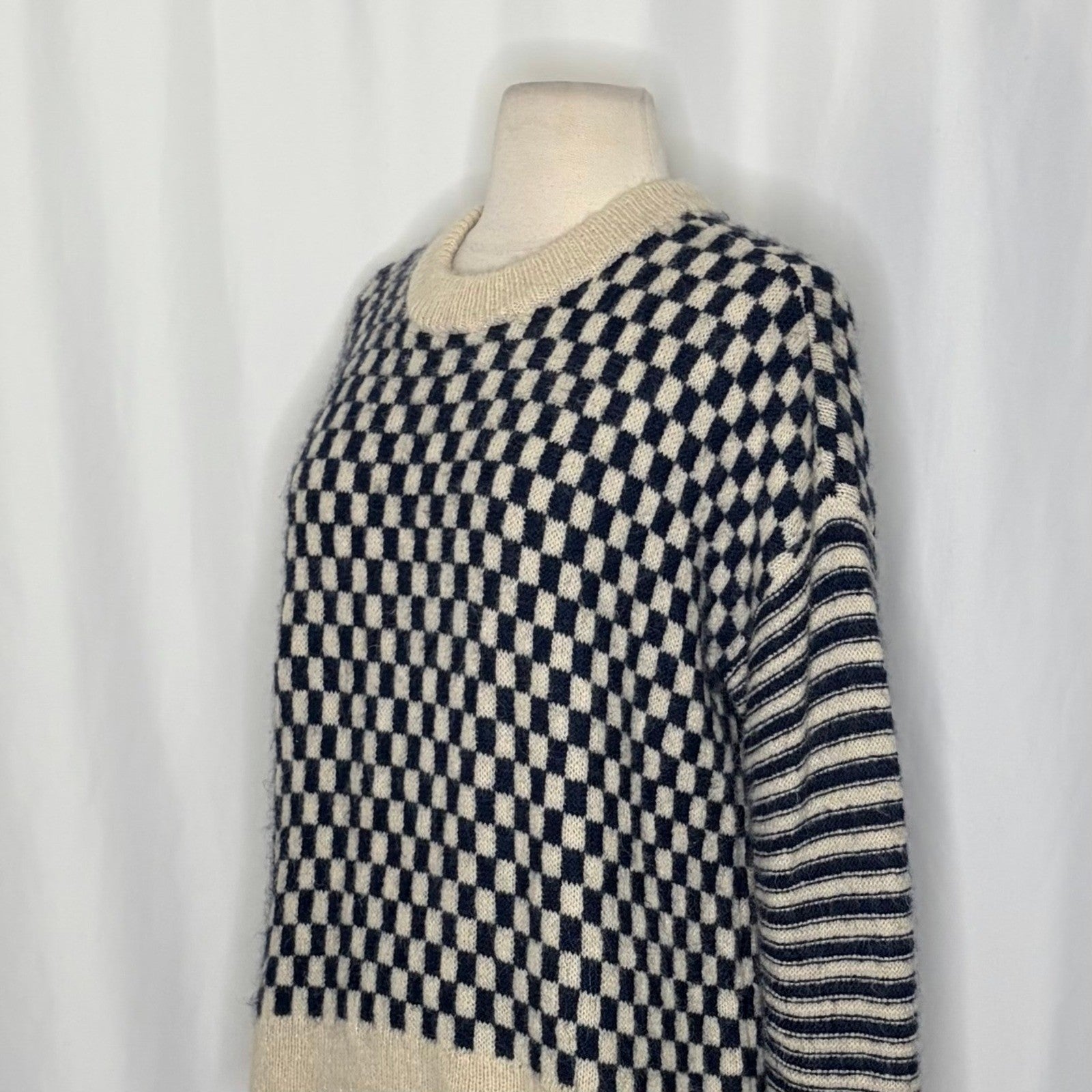 MADEWELL Crewneck Sweater Checked Stripe Classic Indigo Blue Ivory Knit Medium